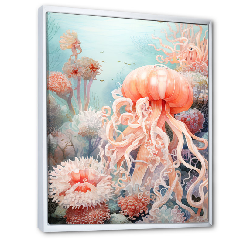 «Pink Jellyfish Undersea Wonders», reproduction sur toile, Cadre flottant blanc, H 44 po x l 34 po x P 1,5 po