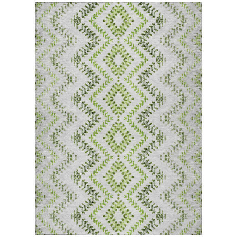 Tapis extérieur lavable à motif géométrique vert ivoire et gris 5 pi x 8 pi