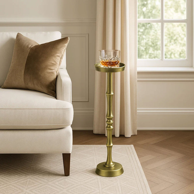 Balcom 26 Inch Side End Drink Table, Turned Pedestal Metal Base, Round Top, Oxidized Brass