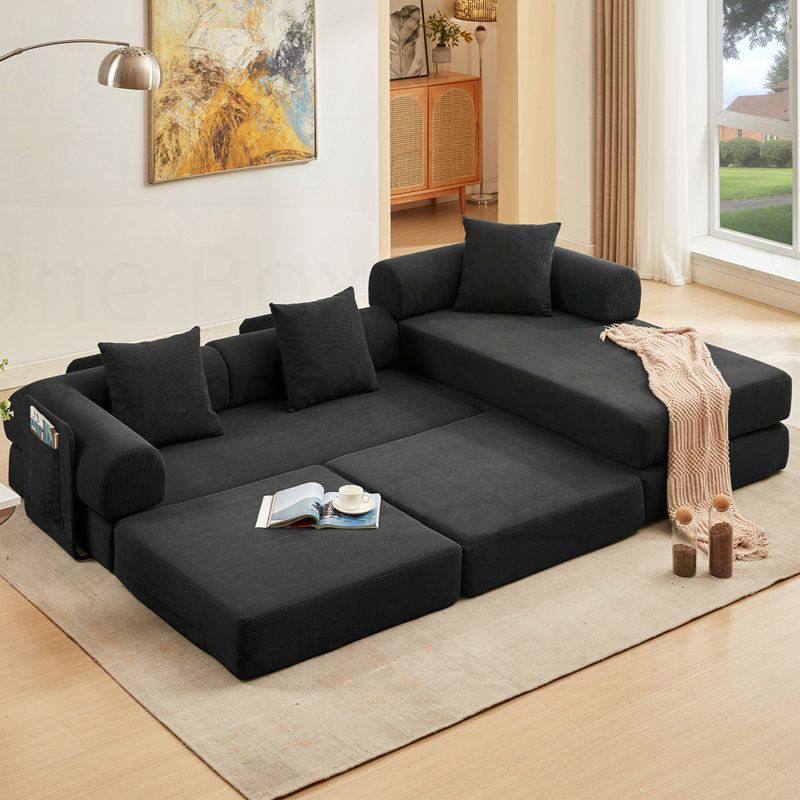 Canapé modulaire en L 3 places en velours côtelé avec coussin de siège à double couche pliable pour canapé d'appoint, Noir