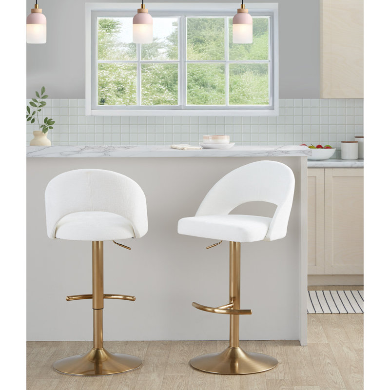 Tabouret de bar réglable avec pivot, Doré, Blanc / tissu