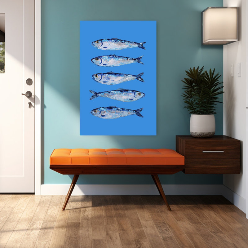 Cinq sardines bleues, art mural océan côtier, H 48 po x l 32 po