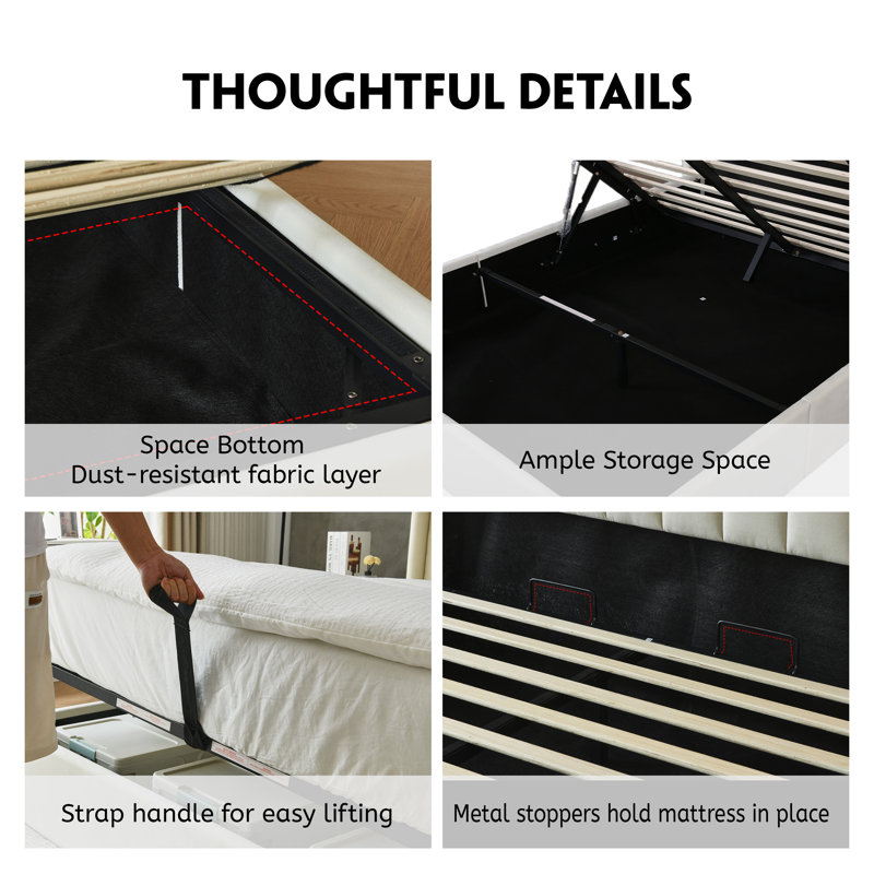 Daizia Lift Up Storage Platform Bed with Wingback Headboard, Twin, Cream