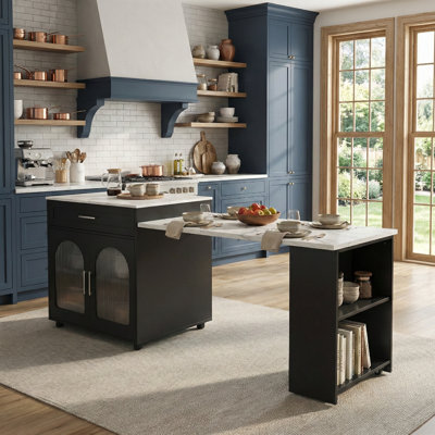 Îlot de cuisine de 80 pouces avec table de salle à manger, comptoir en grain de marbre avec prise de courant, armoire de rangement et 2 tiroirs, chariot de préparation mobile, finition noire