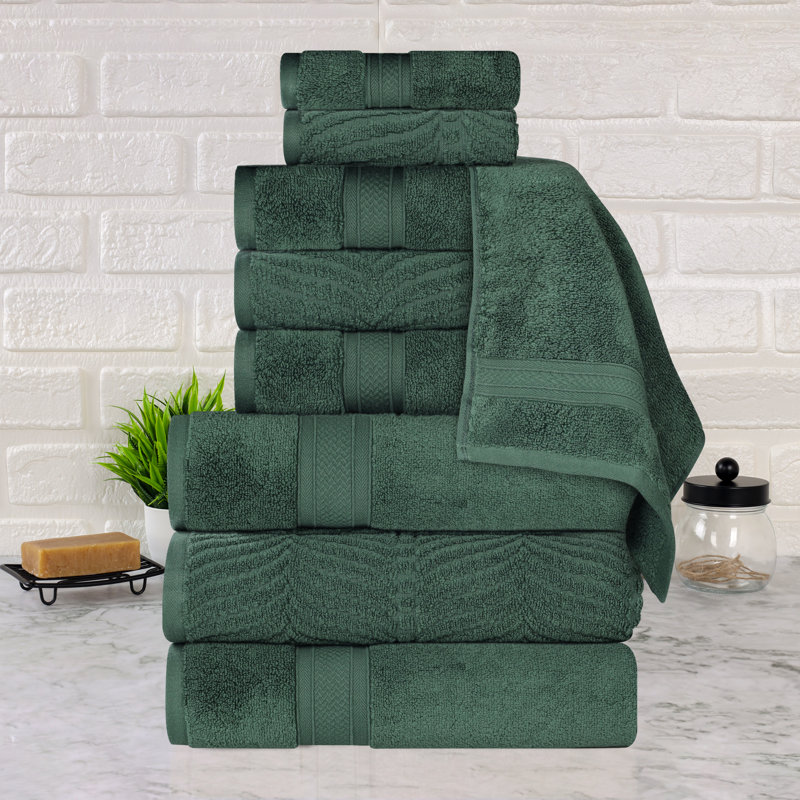  Ensemble de serviettes de bain en coton uni et jacquard Aneira, Vert forêt