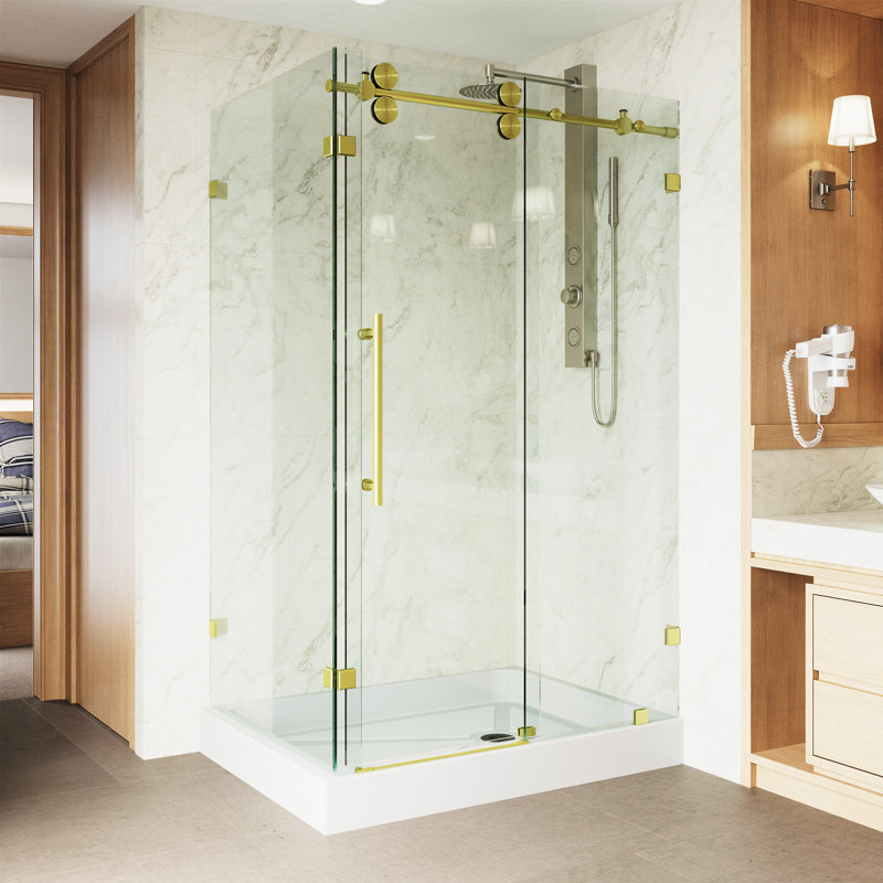 Cabine de douche coulissante sans cadre avec verre transparent 3/8 et base Winslow l 48 po x P 36 po x H 80 po, Or mat