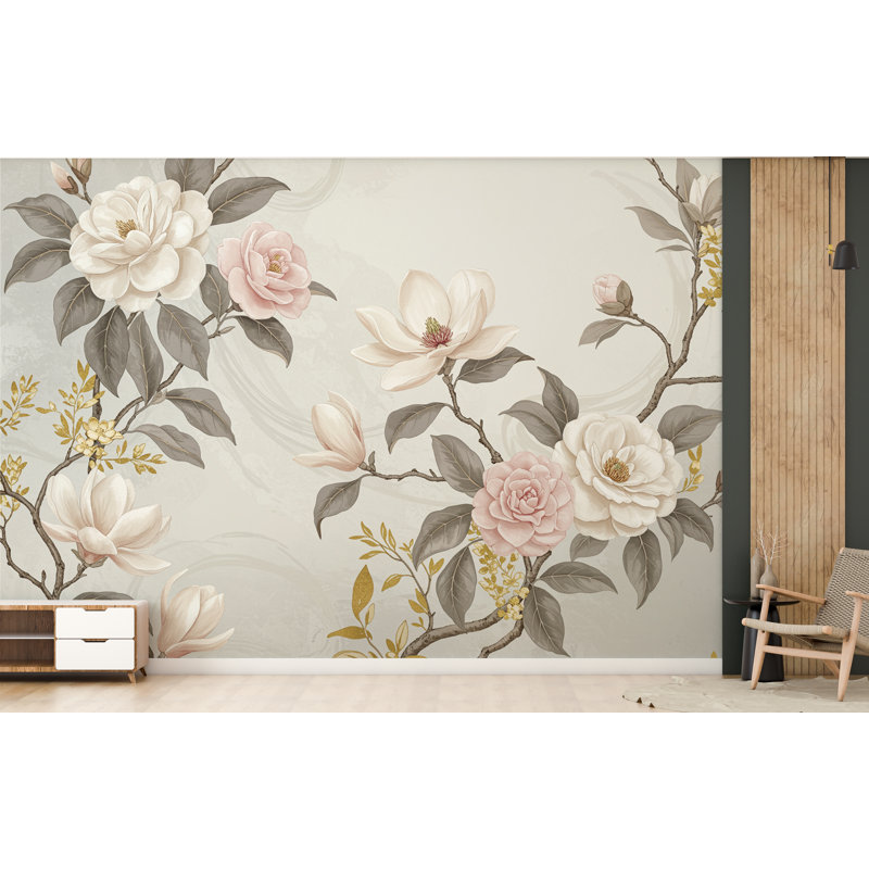 Élégant mur d'arbre de magnolia - Fleurs aquarelles peintes à la main en rose et blanc | Papier peint romantique romantique (pelez et collez)