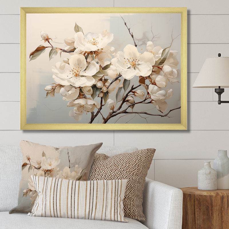 White Apple Blossom Whispers II, Encadrement doré, H 30 po x l 40 po x P 1,5 po