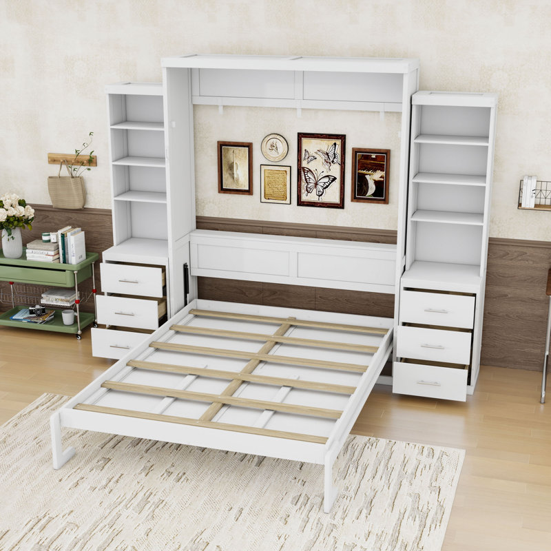 Lit escamotable avec tiroirs et tablettes de rangement cachés, White, Full / Double