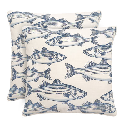 Recycled Cotton 20X20” Pillow Covers, Set Of 2 - Coastal Blue Fish Print Decorative Throw Pillow Covers - 2 Covers