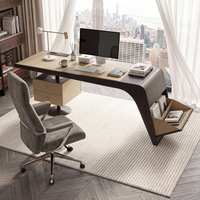 Bureau de direction de luxe de 180 cm (70,87 po) avec 2 tiroirs de grande capacité, un compartiment caché et un chargeur sans fil, revêtement en cuir sellier et placage fumé, idéal pour le bureau à domicile.