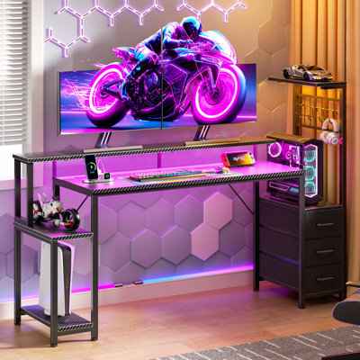 Gaming Computer Desk with LED Lights, Power Outlet, Monitor Stand & Storage Shelves, Modern Gamer Workstation