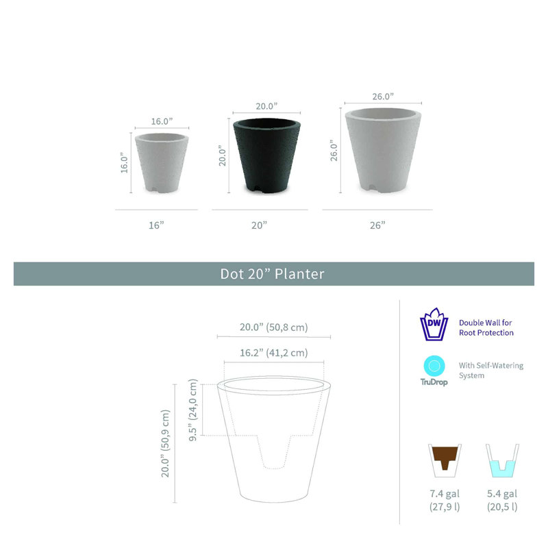 Self Watering Indoor/Outdoor Dot Planter, 20" H x 20" W x 20" D, Ash