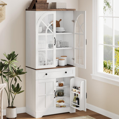 GarveeHome Farmhouse Pantry Cabinet, 71.9" Tall Freestanding Kitchen Cabinet with Tempered Glass Doors& Anti-Tip Design for Kitchen, Dining Room & Living Room,White