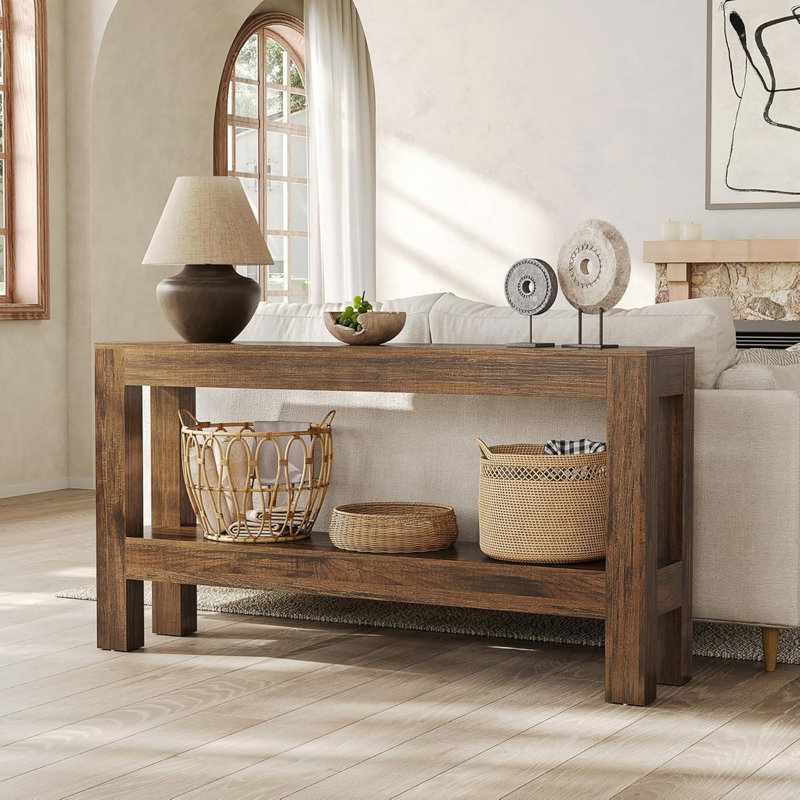 62.99" Farmhouse  2-Tier Brown Narrow Wood Console Table With Storage For Entryway Sofa Table, Entrance, Living Room