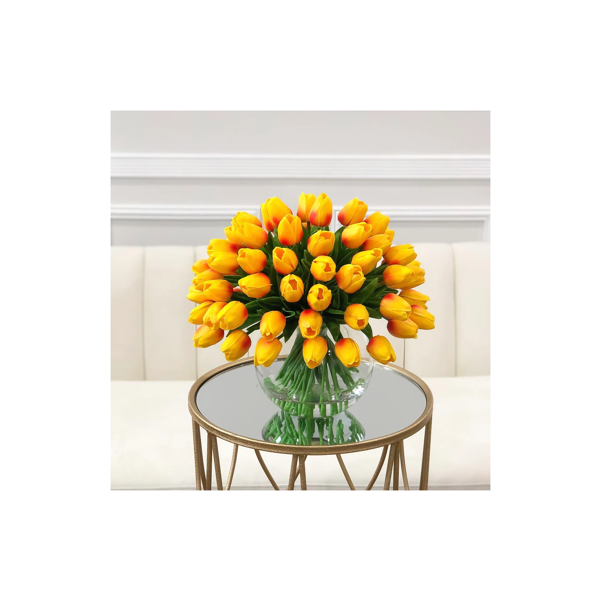 Real Touch Tulips Centerpiece In Vase, Orange Ombre Yellow