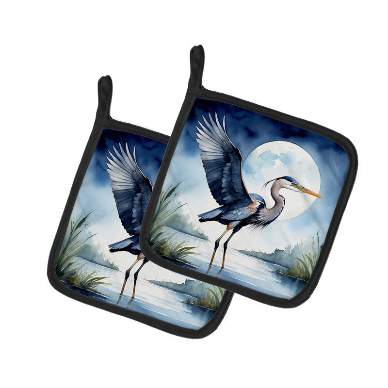 Blue Heron Under the Moonlight Pair of Pot Holders