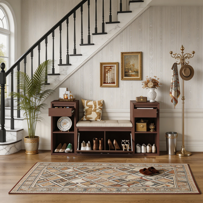 Banc de rangement tout-en-un avec coussin, compartiments, tiroirs et tablettes ouvertes, banc de rangement, Espresso