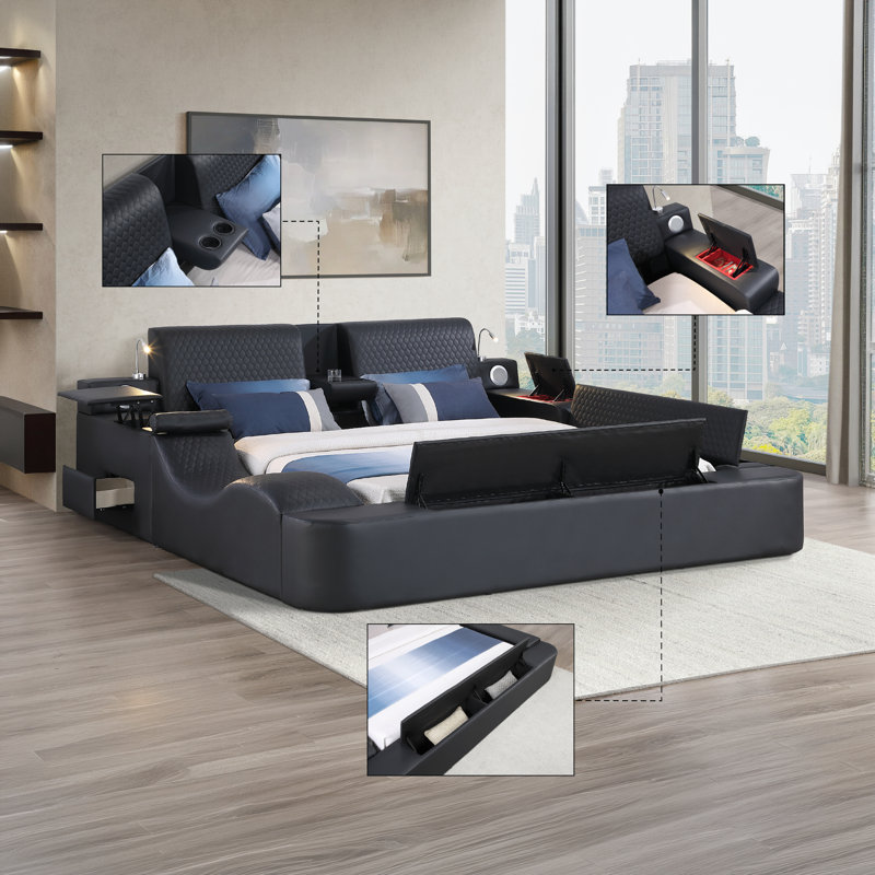 Ziora Smart Multi-Functional Bed with Massager, Bluetooth Speakers, and Reading Lights, King, Black