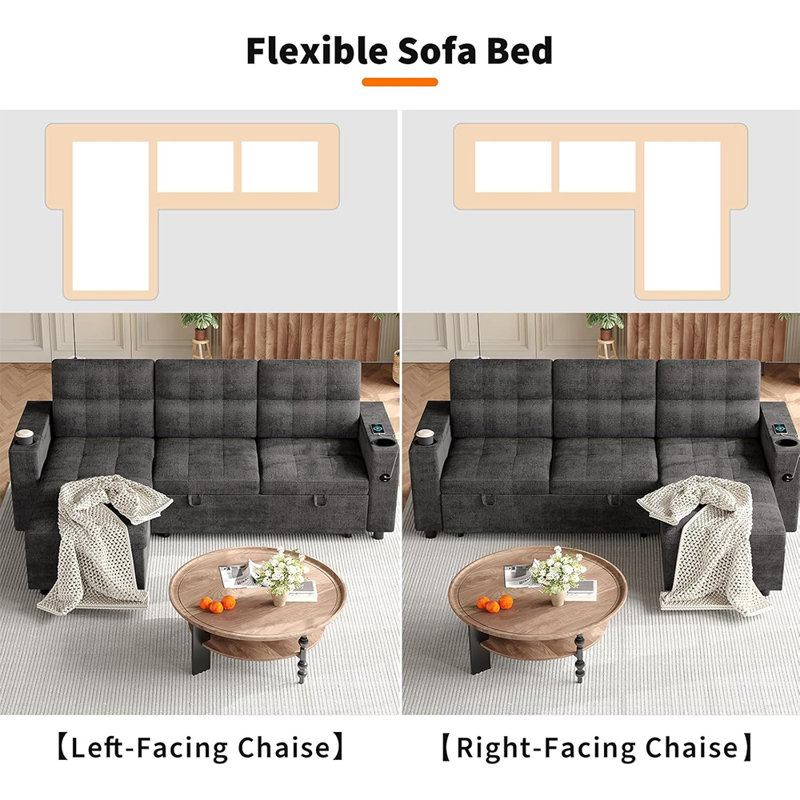 Canapé-lit modulaire en L 84 po avec lit escamotable, accoudoirs de rangement et ports de chargement intégrés