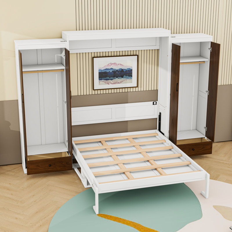 Lit escamotable avec bureau intégré et grandes armoires de rangement, Grand lit