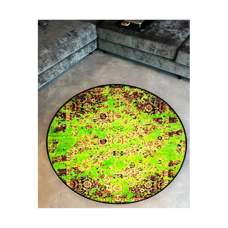 Antique Carpet With Green Line Detail On Woven Base Modern Decorative Carpet, Round 4'