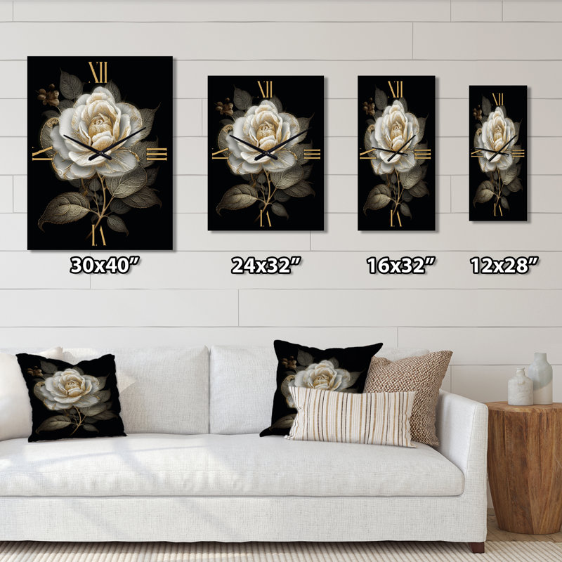 Retro White Rose Portrait On Black II - Rose Très horloges murales, Très grand