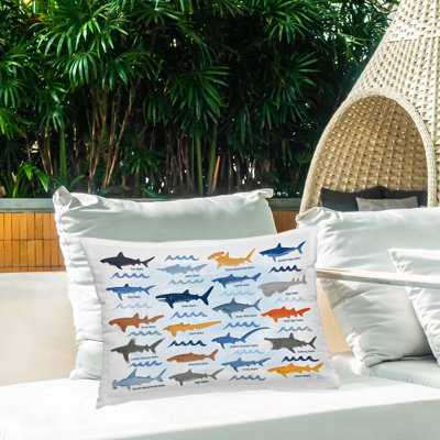 Various Shark Breeds Printed Outdoor Throw Pillow Design by Carrie Cantwell