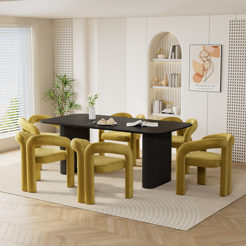 Ensemble de salle à manger à double piédestal avec chaises, Vert olive, 7