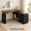 Bureau d'angle électrique en forme de L (140 cm x 120 cm) avec tiroirs de rangement, hauteur réglable, prises électriques, plateau relevable, style ferme, idéal pour le télétravail.-297264195
