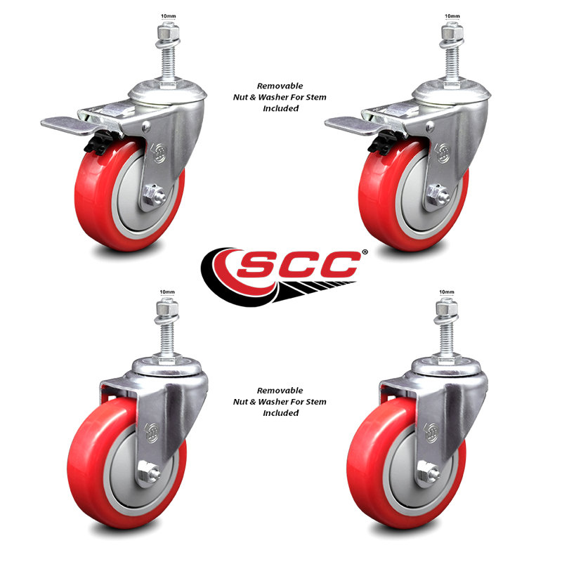 Polyurethane Swivel 10mm Stem Caster Set 2 Total Lock Brake SCC
