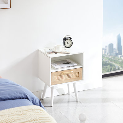 Table de bout moderne blanche avec tiroir et pieds en bois massif, pour le salon, la chambre à coucher, le bureau, 15,74 po x 11,65 po, 21,79 po, côté intérieur polyvalent et pratique