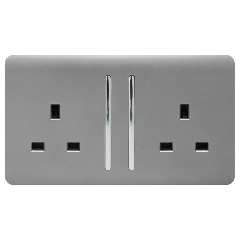 Trendi Switch 2 Gang Long Switched Plug Socket, Light Grey