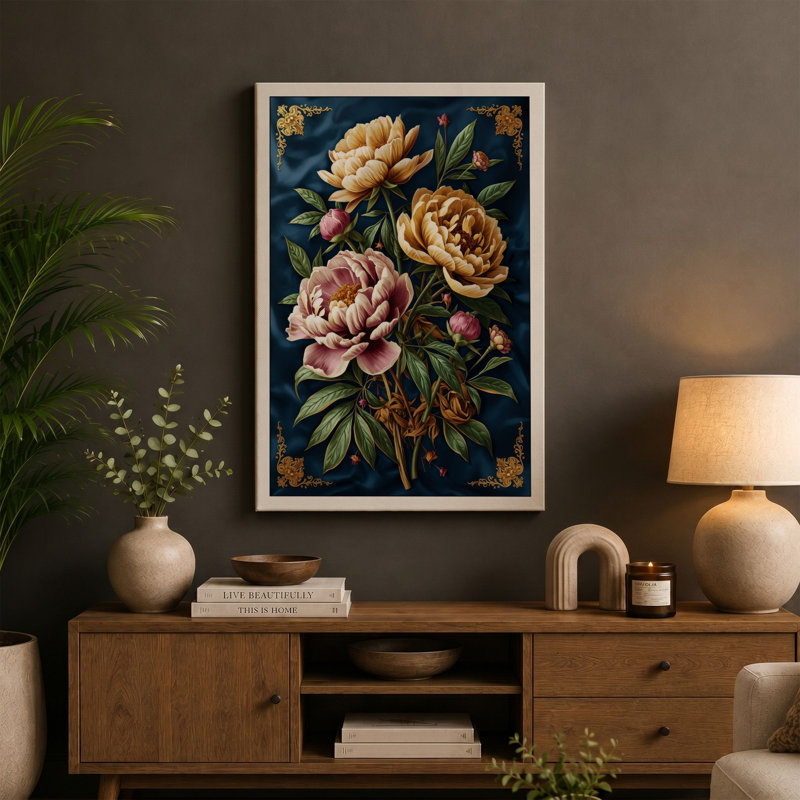 Garden Roses in Gold Botanical - Wrapped Canvas, 18x12 - 45.7 x 30.5 cm, Terracotta Border