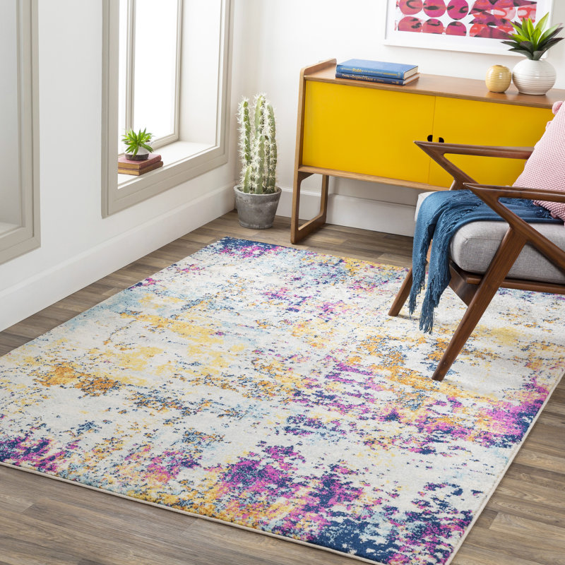 Tapis abstrait jaune / mauve / bleu Aubuchon, Rectangle 6 pi 7 po x 9 pi