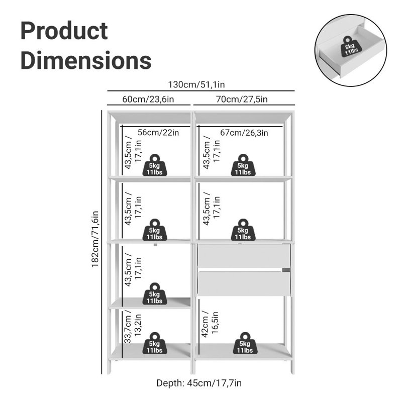  Étagère de rangement pour garage avec 2 tiroirs et tablettes ouvertes, Blanc