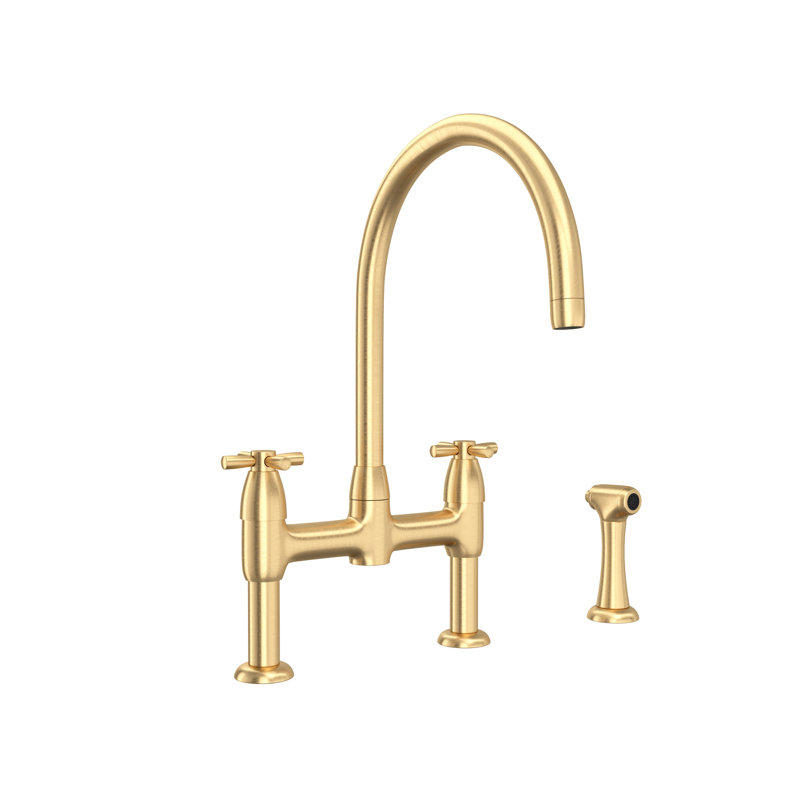 Holborn Bridge Kitchen Faucet With C-Spout and Side Spray, Satin English Gold, Cross