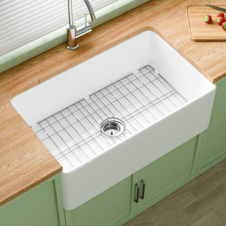 Asrea 33" L x 20" W Apron Front Kitchen Sink Single Bowl Fireclay with Bottom Grid and Basket Strainer
