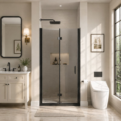 Porte de douche pliante sans cadre 36-37,2 po x H 72 po, verre trempé 1/4 po, noir mat