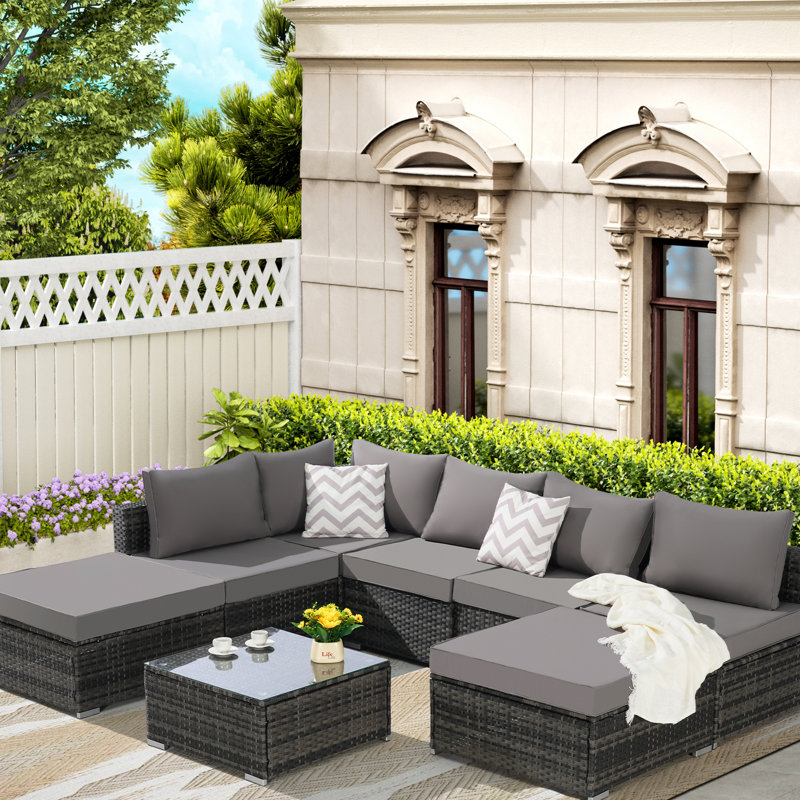 Canapé modulaire d'extérieur pour patio 8 pièces, ensembles de conversation en osier, Gris foncé