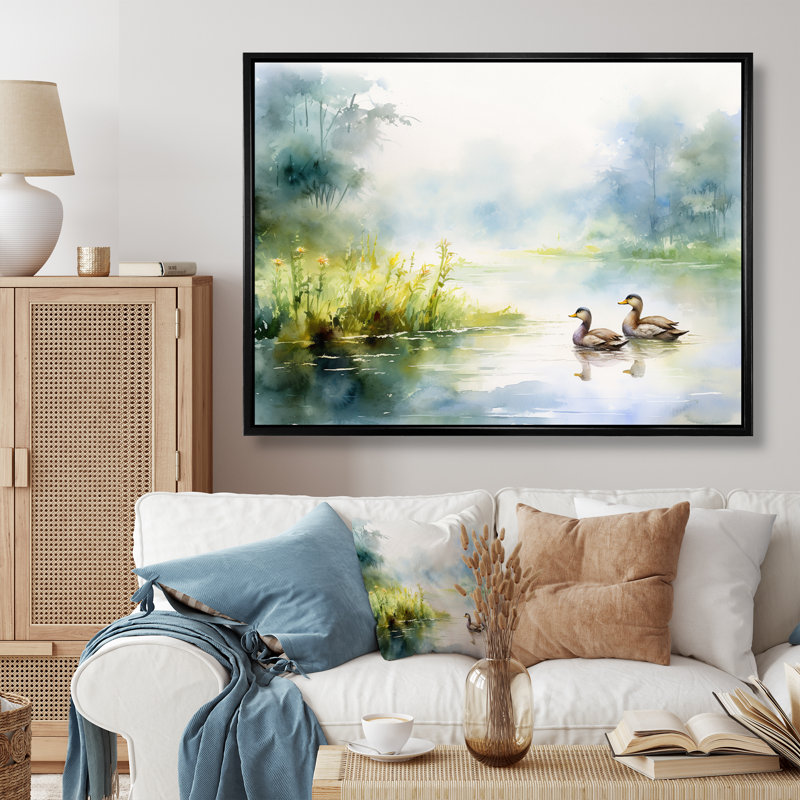 Canards qui nagent à l'aquarelle d'un étang printanier, H 30 po x l 40 po x P 1,5 po, Cadre flottant noir
