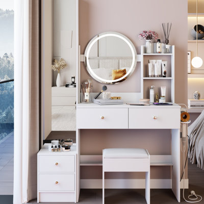 Armoire de toilette avec miroir pleine longueur, miroir DEL de 43 cm de diamètre, 2 prises secteur + station d'alimentation, commandes tactiles, luminosité réglable sur 3 niveaux, coiffeuse ronde, tabouret rembourré, coiffeuse blanche de style américain.