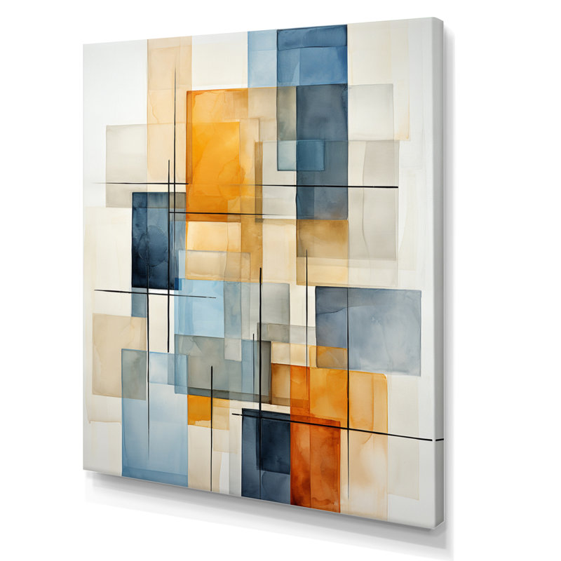Collage géométrique beige et bleu - reproduction sur toile, Toile tendue, H 40 po x l 30 po x P 1,5 po