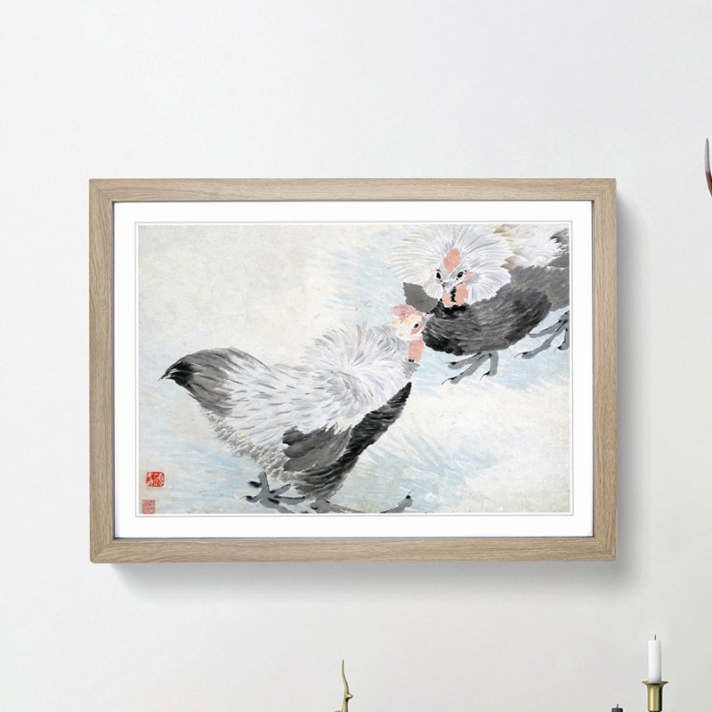 Two Roosters by Ren Yi - Picture Frame Painting Print, 36cm H x 48cm W x 2cm D, Oak Framed