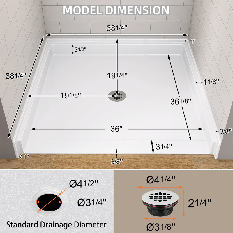 38"Wx38"D ADA Handicapped Acrylic Barrier Free Shower Base Square Glossy White With Center Drain