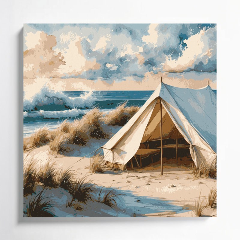Art mural sur toile beige "Coastal Beach Camp", H 16 po x l 16 po