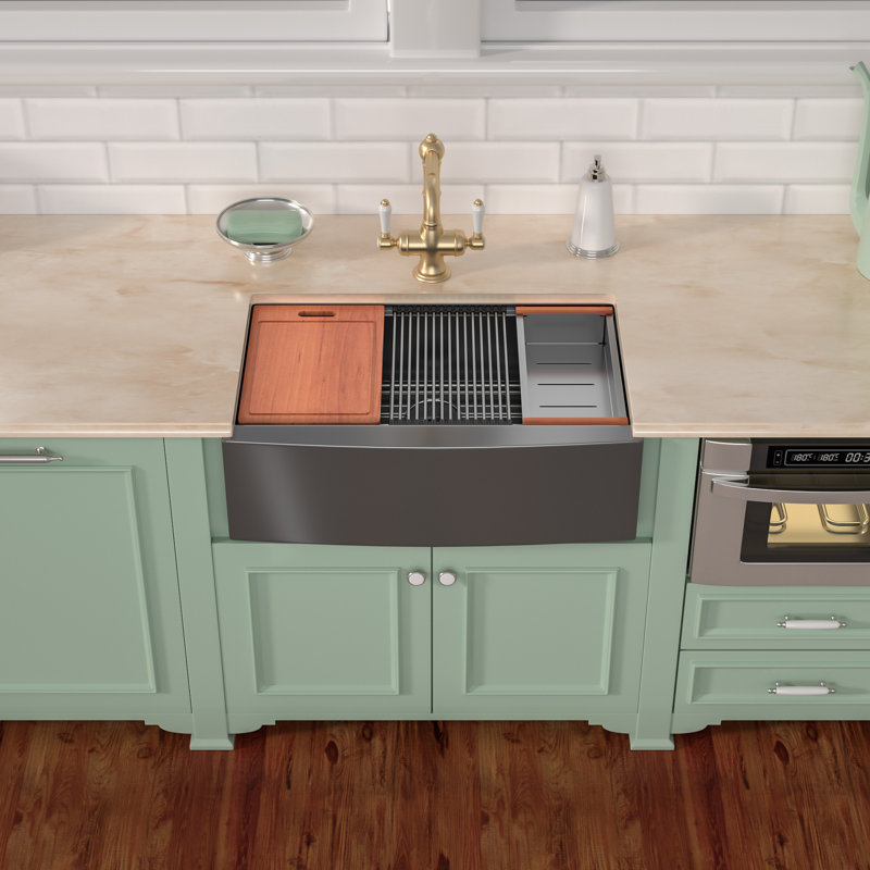 Workstation Farmhouse Apron Sink Single Bowl Stainless Steel Kitchen Sink, Gunmetal Black, 10" H x 30" W x 22" D