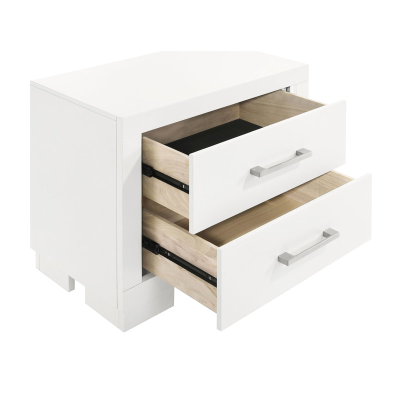 Table de chevet rectangulaire blanche à 2 tiroirs avec poignées en métal, chambre à coucher pour garder les choses propres, esthétique propre et moderne, poignées de bar de 23 po x 15 po, organisateur, look classique, mélange de bois massif, 15 profondeurs