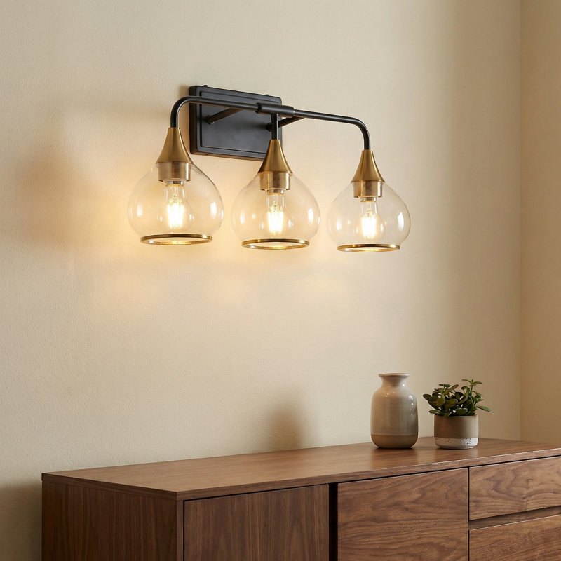 3 Light Bathroom Vanity Light Wall Mounted Above Mirror with Clear Glass Globe Shades Modern Metal Fixture, 3 Lights