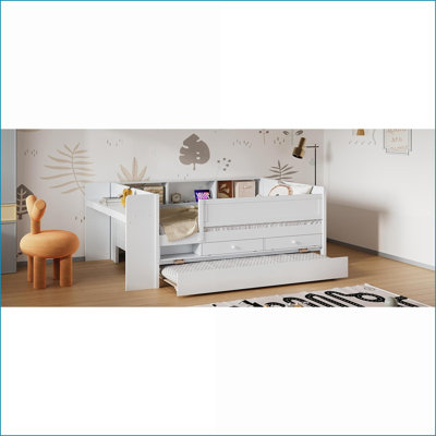 Lit simple en pin massif Lit de jour multifonctionnel en MDF avec lit gigogne, rangement, bureau et amp; Chargement USB, blanc pour les chambres d'amis
